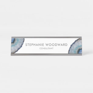 Elégant Gris Bleu Agate Géode Bureau Nom Plaque