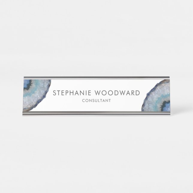Elégant Gris Bleu Agate Géode Bureau Nom Plaque (Devant)