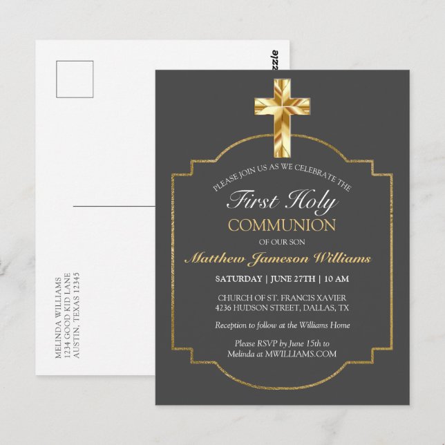 Elégant Gris Or 1ère Sainte Communion Invitation (Devant / Derrière)