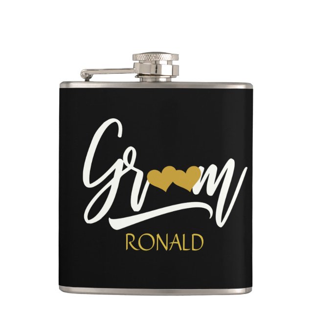Elegant Groom Black and Gold Wedding Flask (Front)