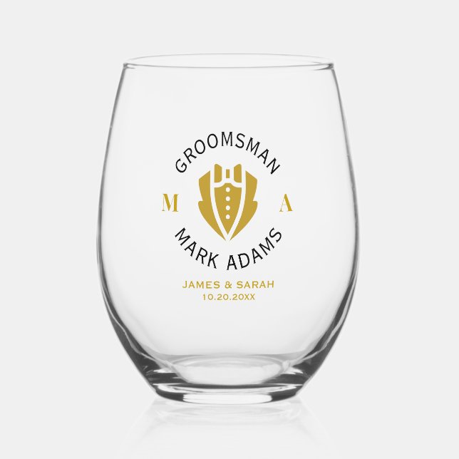 Elegant Groomsmen Best Man Gift Tuxedo Monogram Stemless Wine Glass (Front)