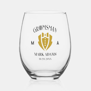 Elegant Groomsmen Gift Tuxedo Custom Monogram Stemless Wine Glass