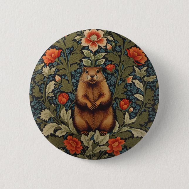 Elegant Groundhog William Morris Inspired 2 Inch Round Button (Front)
