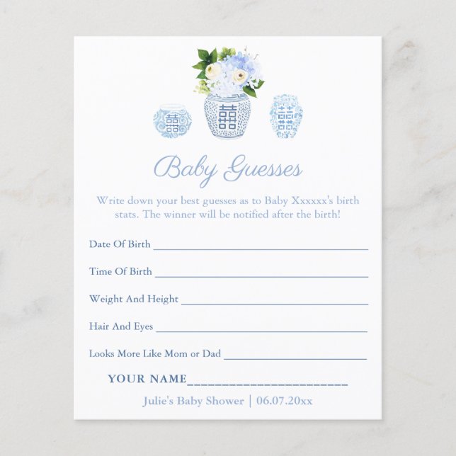 Elegant Guess Baby Birth Stats Shower Game Card (Front)