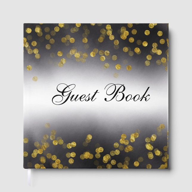 Elegant Guest Book Gold Confetti on Black (Front)