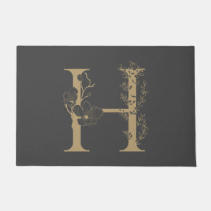 Elegant H Boho Floral Monogram Initial Grey Gold Doormat