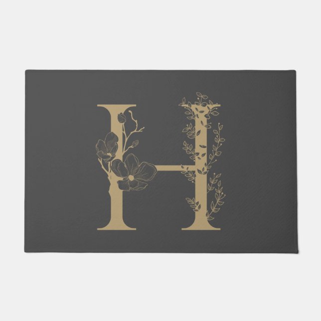 Elegant H Boho Floral Monogram Initial Grey Gold Doormat (Front)
