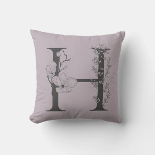 Elegant H Boho Floral Monogram Initial Lilac Grey Throw Pillow