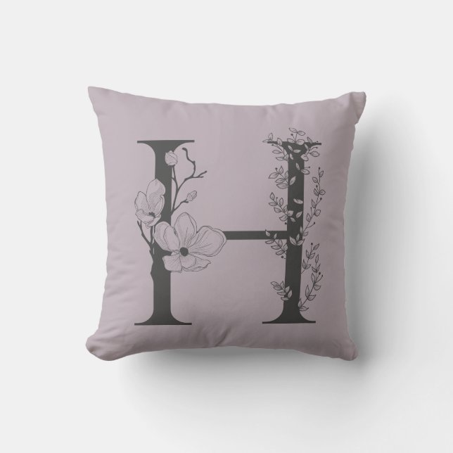 Elegant H Boho Floral Monogram Initial Lilac Grey Throw Pillow (Front)