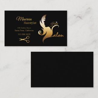 Elegant Hairstylist Black/Gold Hair Silhouette  Business Card