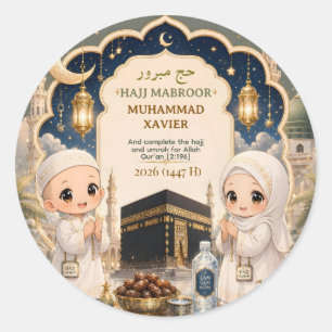 Elegant Hajj Mabroor Chibi Art Personalized Classic Round Sticker