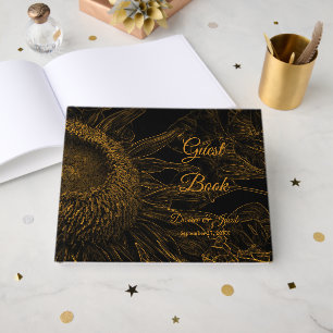 Elegant Half Sunflower Gold Black Floral Art Guest Book