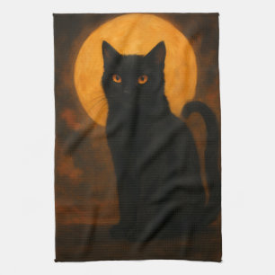 Elegant Halloween Black Cat Orange Eyes Kitchen Towel