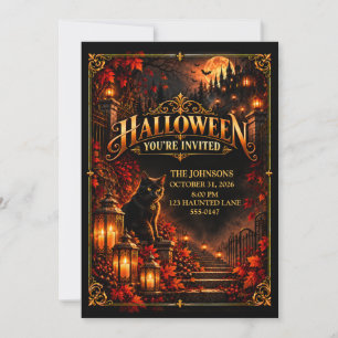 Elegant Halloween Black Cat Party Invitation