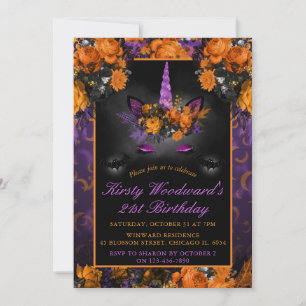 Elegant Halloween Flowers Unicorn Birthday Invitation