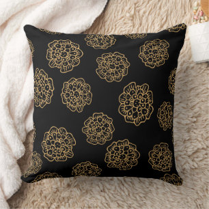 Elegant Halloween Golden Yellow Flowers on Black Throw Pillow