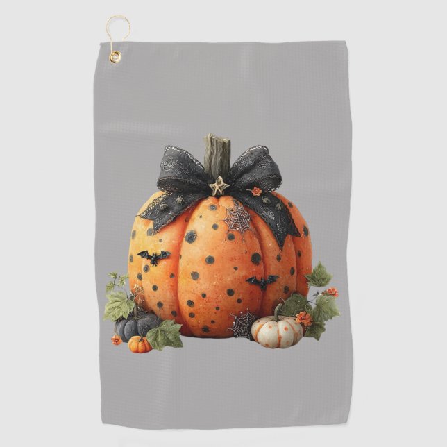 Elegant Halloween Pumpkin with Black Bow Golf Towel (Front)