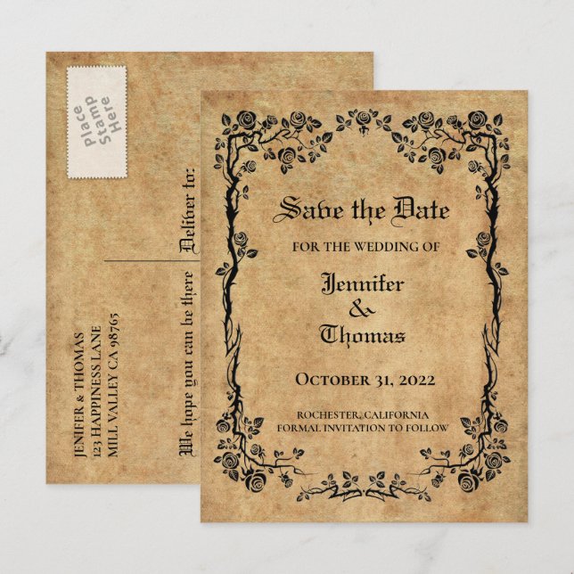 Elegant halloween wedding save the date postcard (Front/Back)