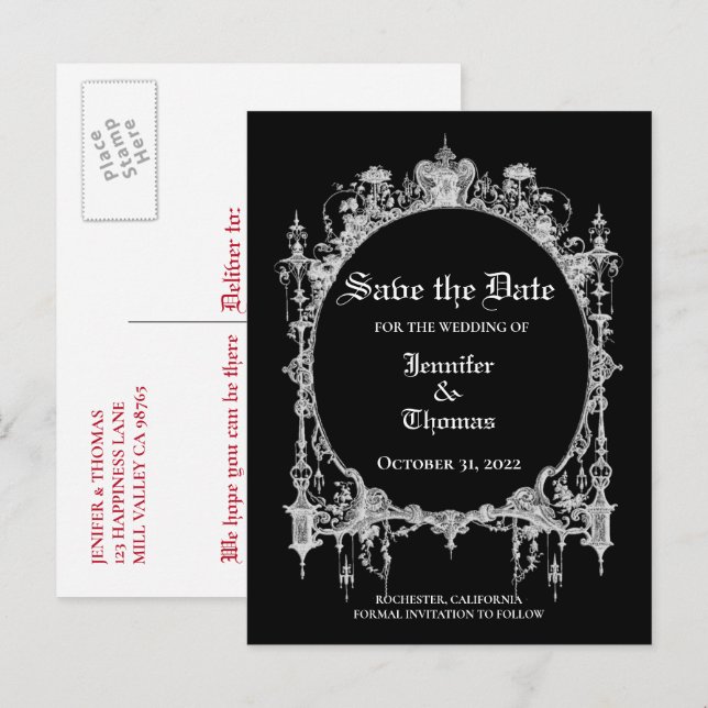 Elegant halloween wedding save the date postcard (Front/Back)