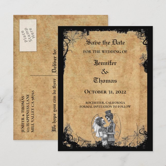 Elegant halloween wedding save the date postcard (Front/Back)