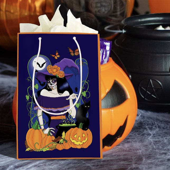 Elegant Halloween Witch Sugar Skull Purple Medium Gift Bag (Creator Uploaded)
