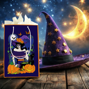 Elegant Halloween Witch Sugar Skull Purple Medium Gift Bag