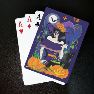 Elegant Halloween Witch Sugar Skull Purple Playing Cards