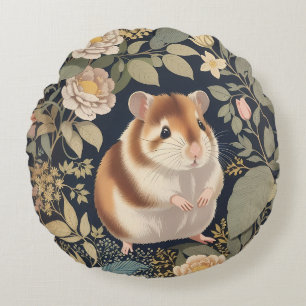 Elegant Hamster William Morris Inspired Floral Round Pillow