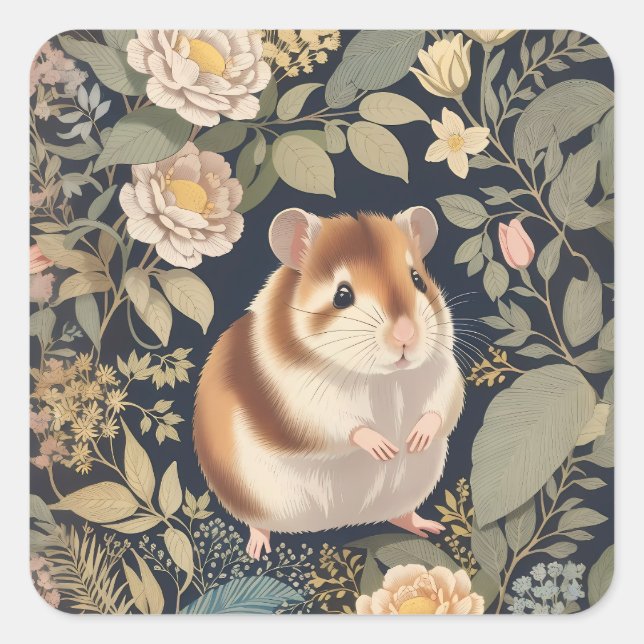 Elegant Hamster William Morris Inspired Floral Square Sticker (Front)