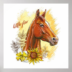 Elegant hand drawing horse with plants and flowers poster