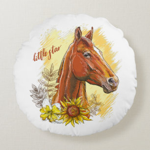 Elegant hand drawing horse with plants and flowers round pillow