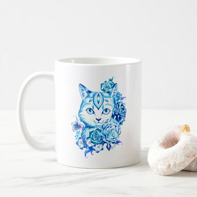 Elegant Hand Drawn 10 Blue Shades Cat Mug (With Donut)