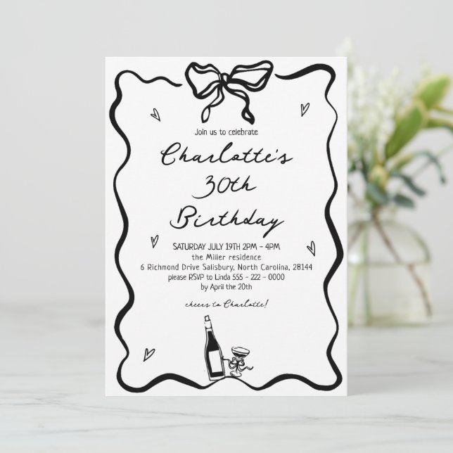 Elegant Hand Drawn 30th Birthday  Invitation (Standing Front)