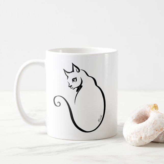 Elegant Hand Drawn 5 Lines Cat Double Sided Mug (With Donut)