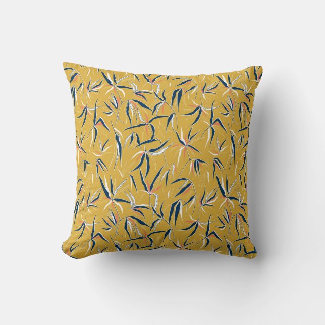 Elegant hand drawn bamboo leaves in a tossed patte throw pillow (Front)