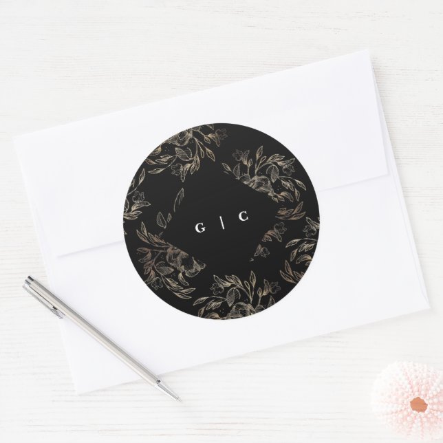Elegant Hand Drawn Botanical Monogram Wedding Classic Round Sticker (Envelope)