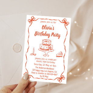 Elegant Hand-Drawn Cake & Ribbon Birthday Party Invitation