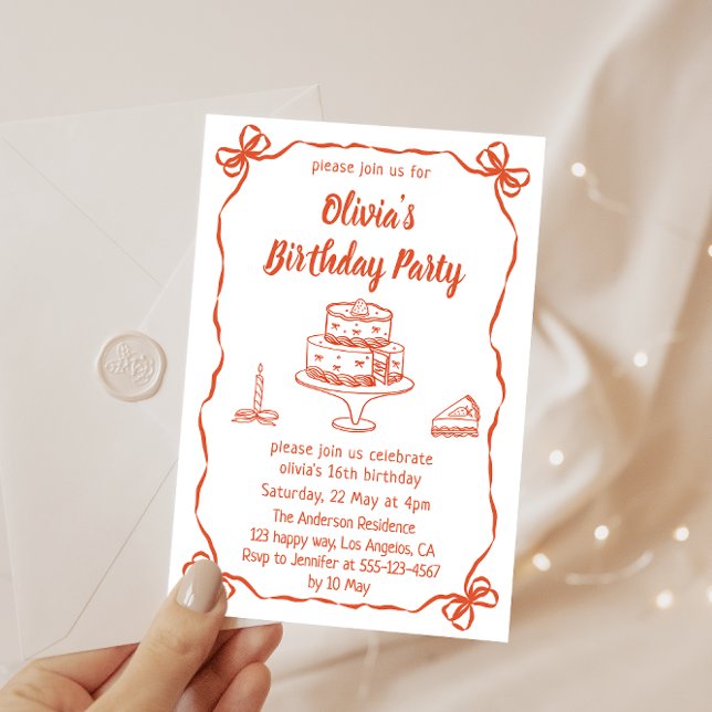 Elegant Hand-Drawn Cake & Ribbon Birthday Party Invitation (Creator Uploaded)
