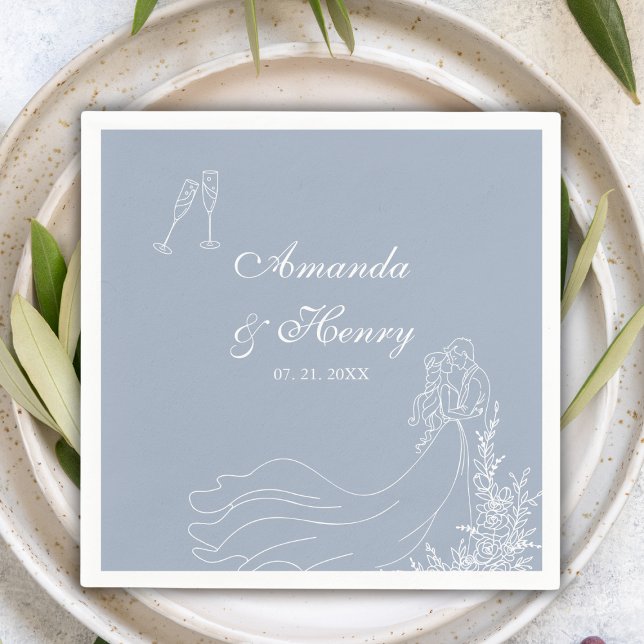 Elegant Hand Drawn Couple Dusty Blue Wedding  Napkin (Creator Uploaded)
