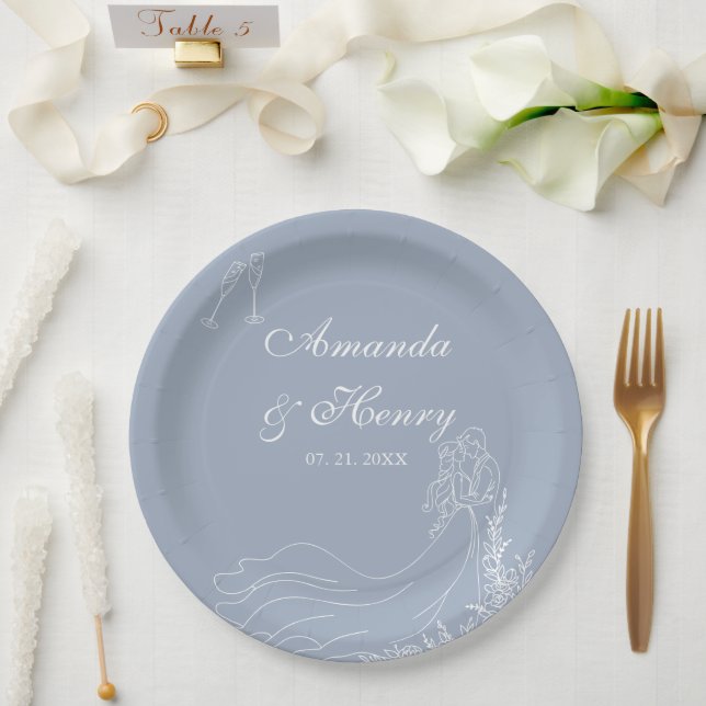 Elegant Hand Drawn Couple Dusty Blue Wedding  Paper Plate (Wedding)