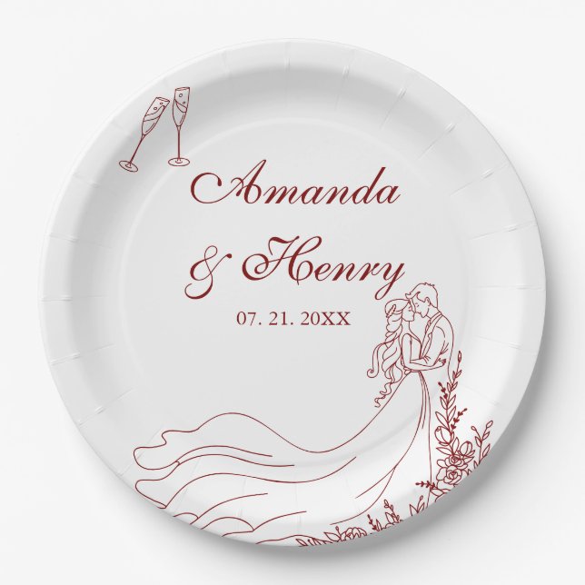 Elegant Hand Drawn Couple Wedding  Paper Plate (Front)
