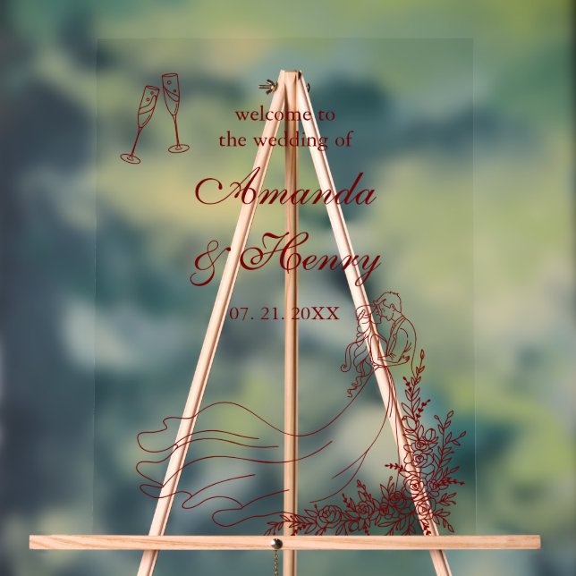Elegant Hand Drawn Couple Wedding Welcome Acrylic Sign (Neutral)