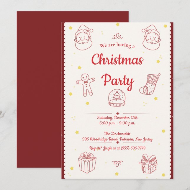 Elegant Hand-drawn Elements Christmas Party Invitation (Front/Back)