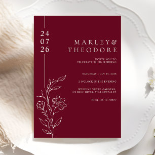 Elegant Hand Drawn Floral Burgundy Wedding Invitation