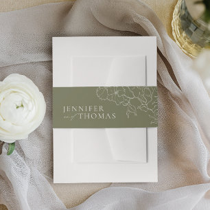 Elegant hand drawn floral sage green wedding invitation belly band