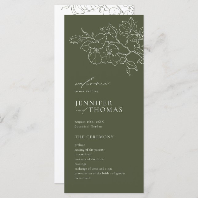 Elegant hand drawn floral sage green wedding program (Front/Back)