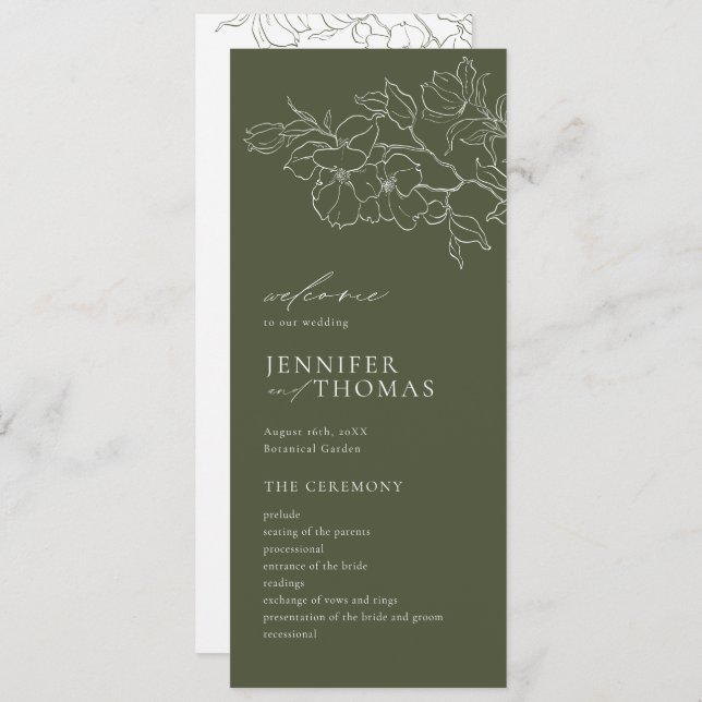 Elegant hand drawn floral sage green wedding program (Front/Back)