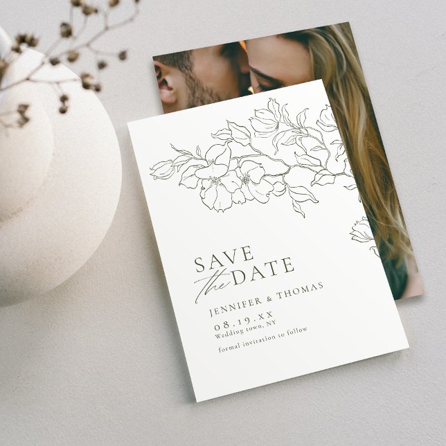 Elegant hand drawn floral sage green wedding save the date (Elegant hand drawn floral sage green save the date card)