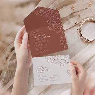 Elegant hand drawn floral terracotta wedding all in one invitation