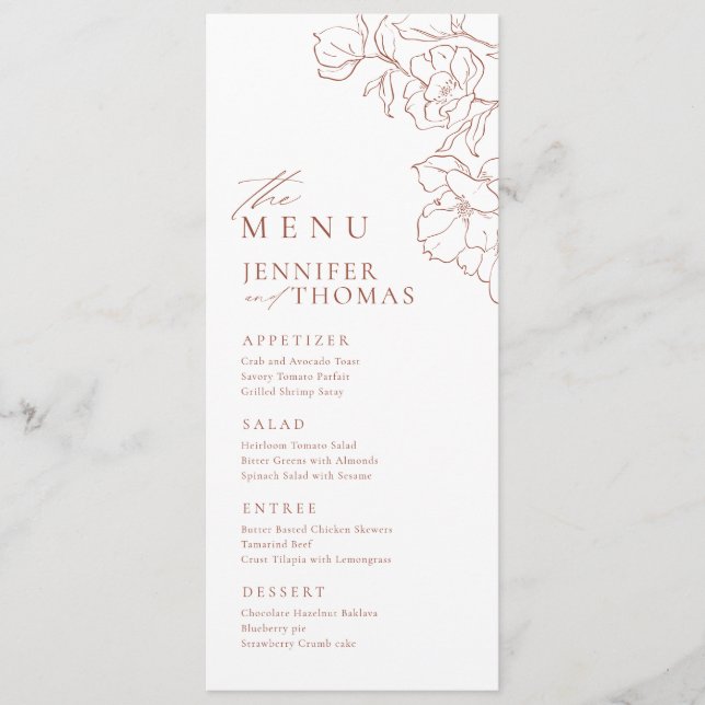 Elegant hand drawn floral terracotta wedding menu (Front)